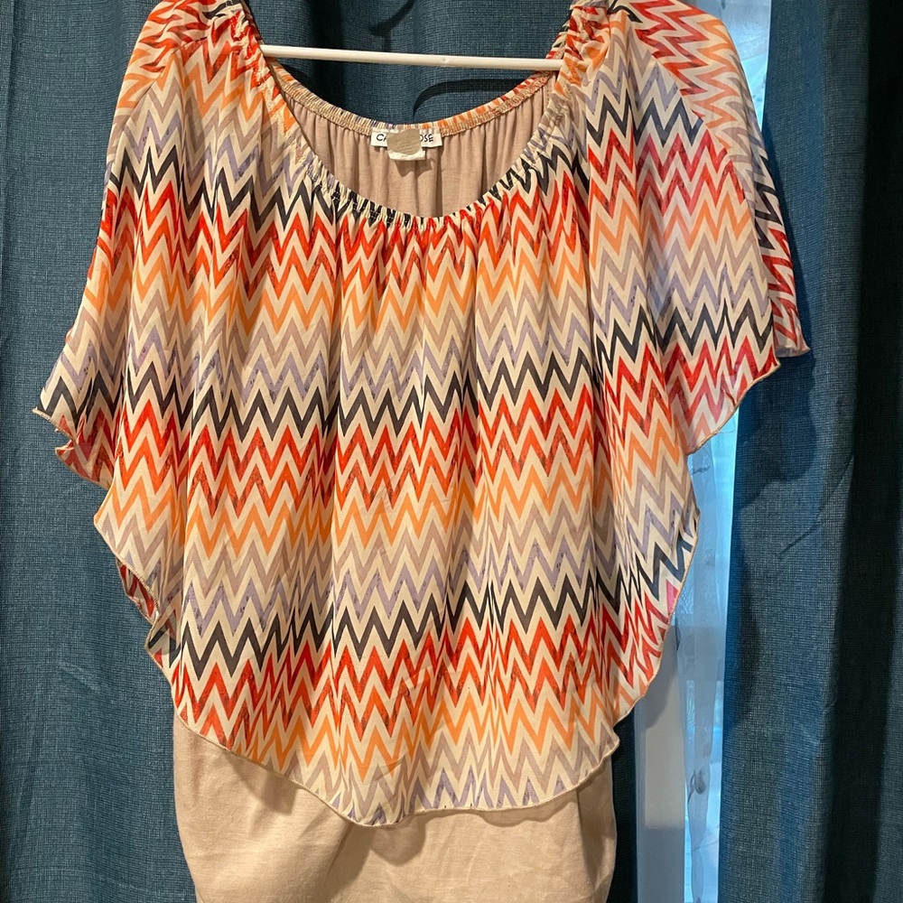 Carol Rose Orange Tan Asymmetrical Blouse